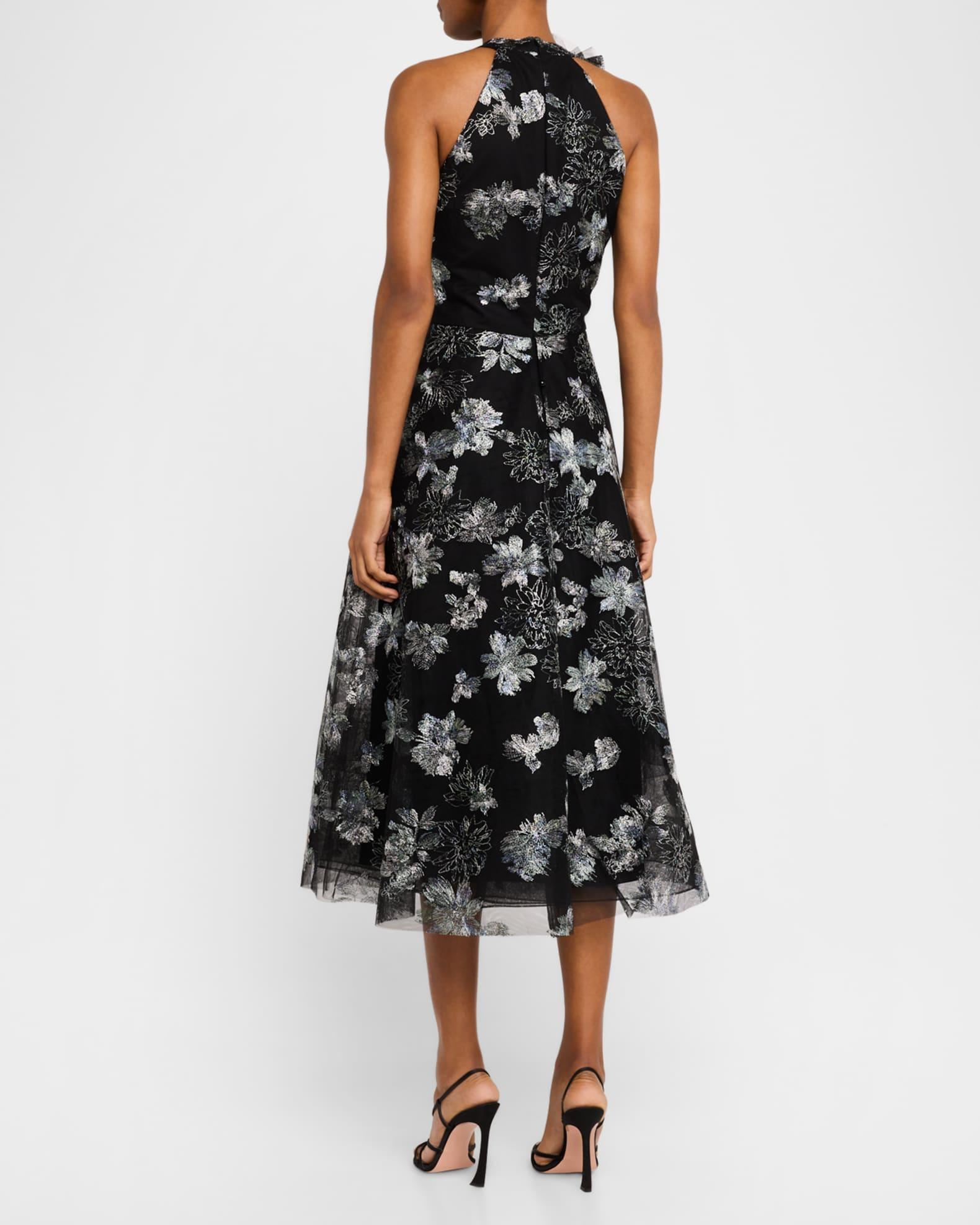 Metallic Floral-Embroidered Tulle Midi Dress Product Image