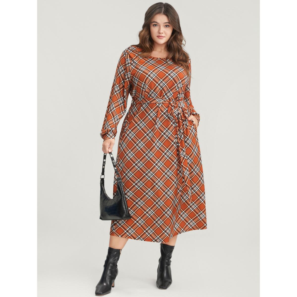 Plus Size Tartan Round Neck Pocket Belted Midi Dress Chocolate Women Elegant Belted Round Neck Long Sleeve Curvy Midi Dress BloomChic 28/5X Product Image