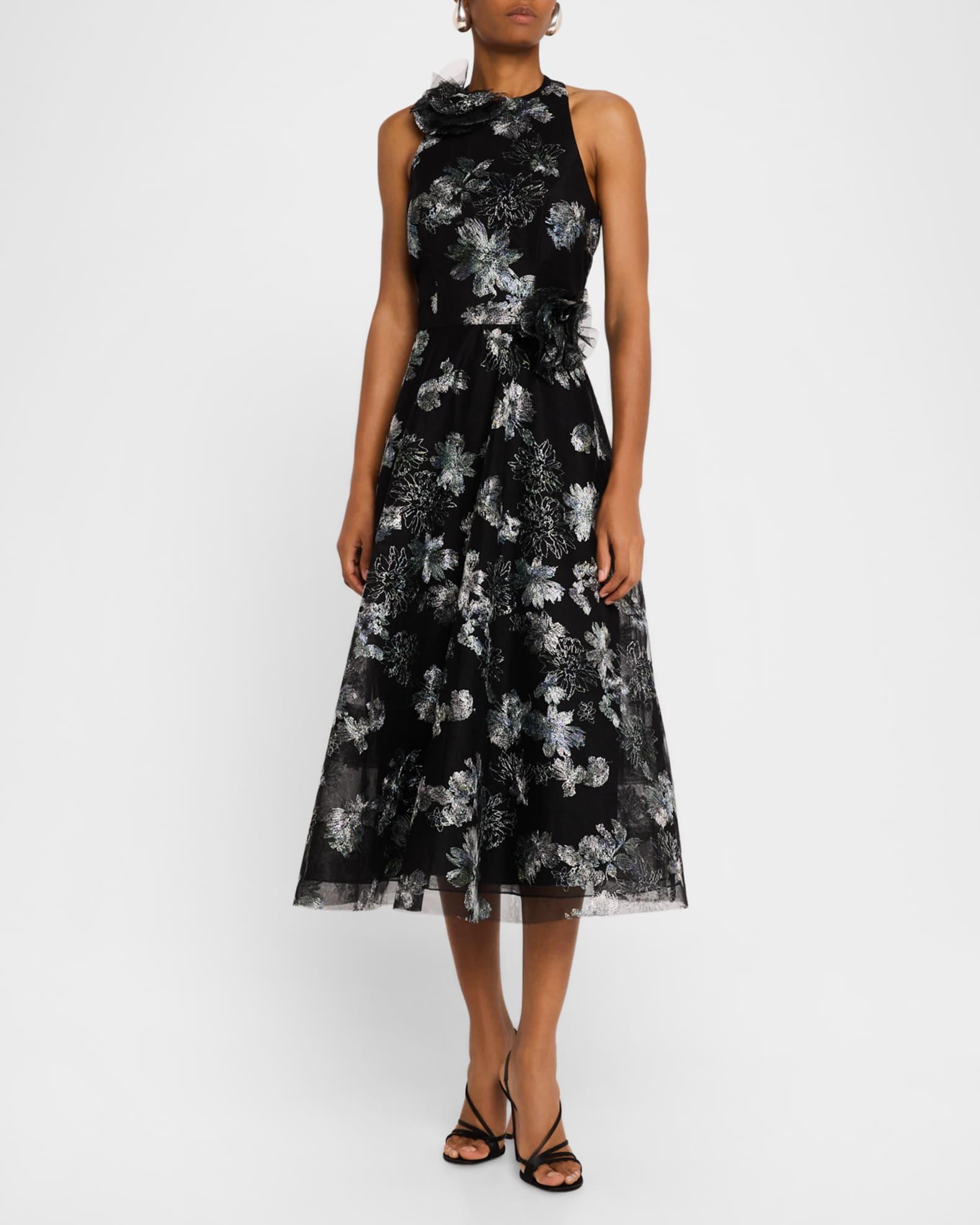 Metallic Floral-Embroidered Tulle Midi Dress Product Image