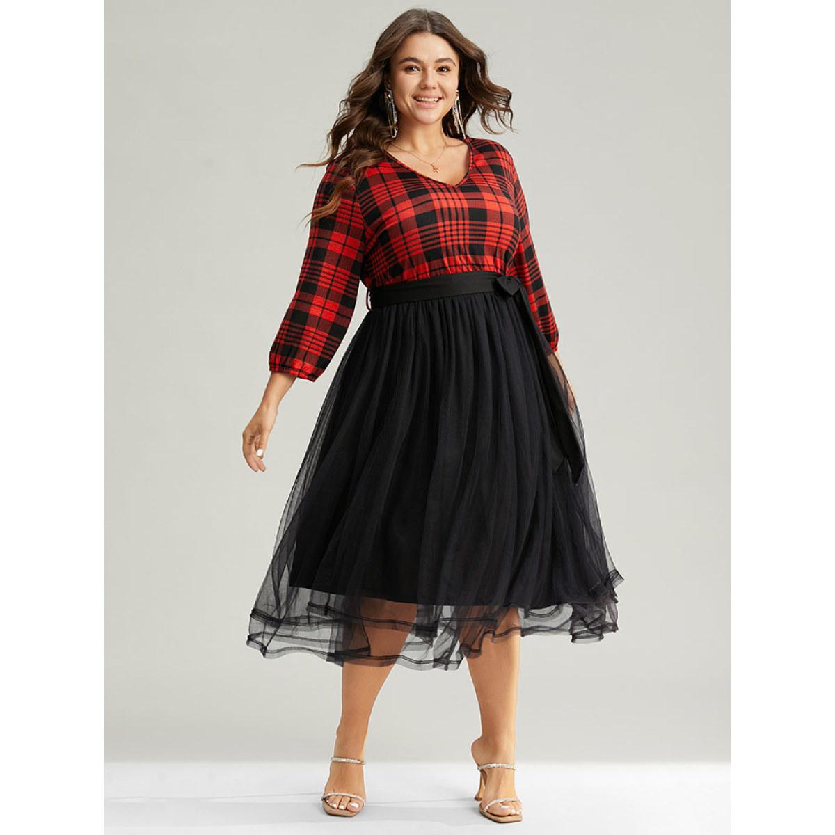 Plus Size Plaid Mesh Patchwork Elastic Waist Belted Dress Raspberry Women Glamour Elastic cuffs V-neck Long Sleeve Curvy Midi Dress BloomChic 12/L Product Image