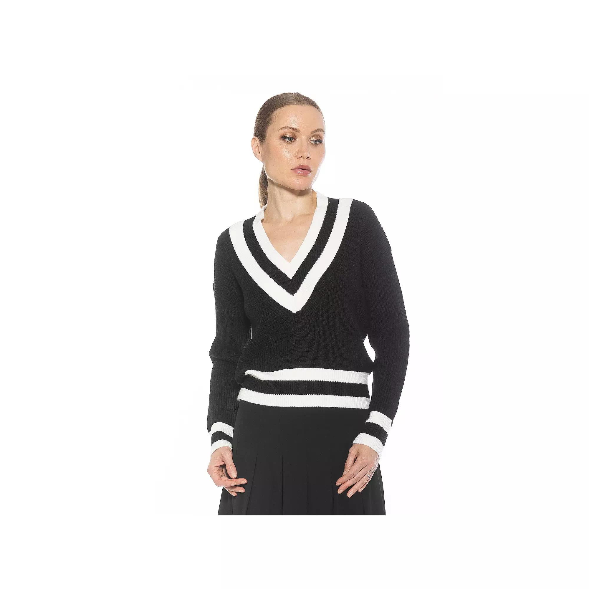 Women's ALEXIA ADMOR Leona Long Sleeve V-Neck Varsity Polo Sweater, Size: Large, Black Ivory Product Image