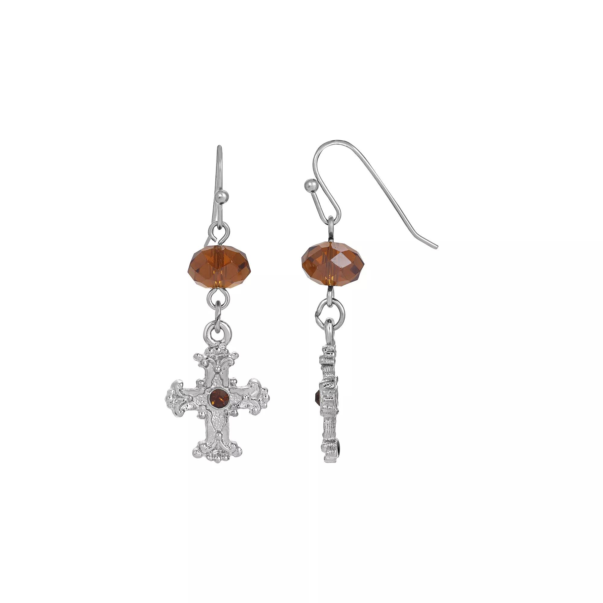 Symbols of Faith Silver-Tone Black Crystal Cross Drop Earrings, Women's, Brown Product Image