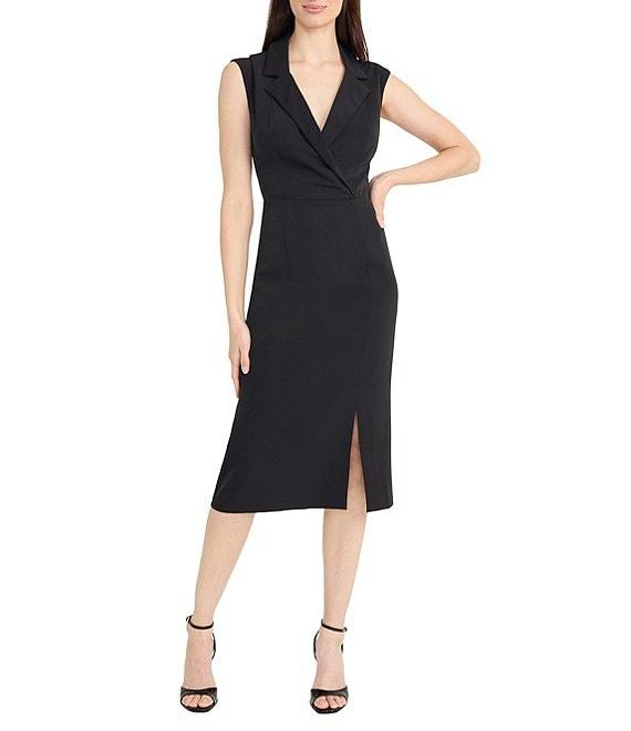 Maggy London V-Neck Notch Collar Sleeveless Stretch Crepe Sheath Midi Dress Product Image