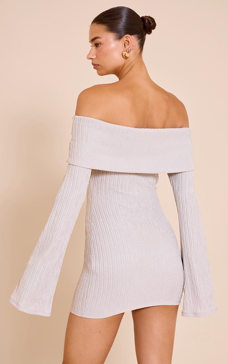 Grey Textured Bardot Long Sleeve Bodycon Dress Product Image