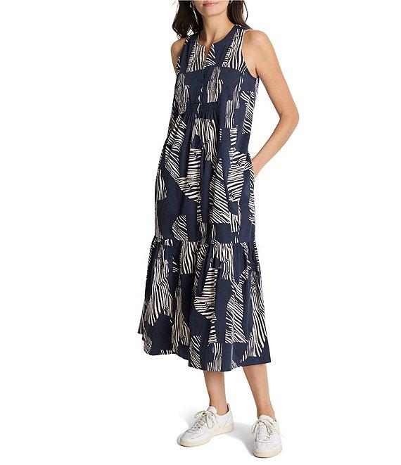 NIC + ZOE Cece Zebra Stripe Print Split Round Neck Sleeveless Ruffle Hem Midi Dress Product Image