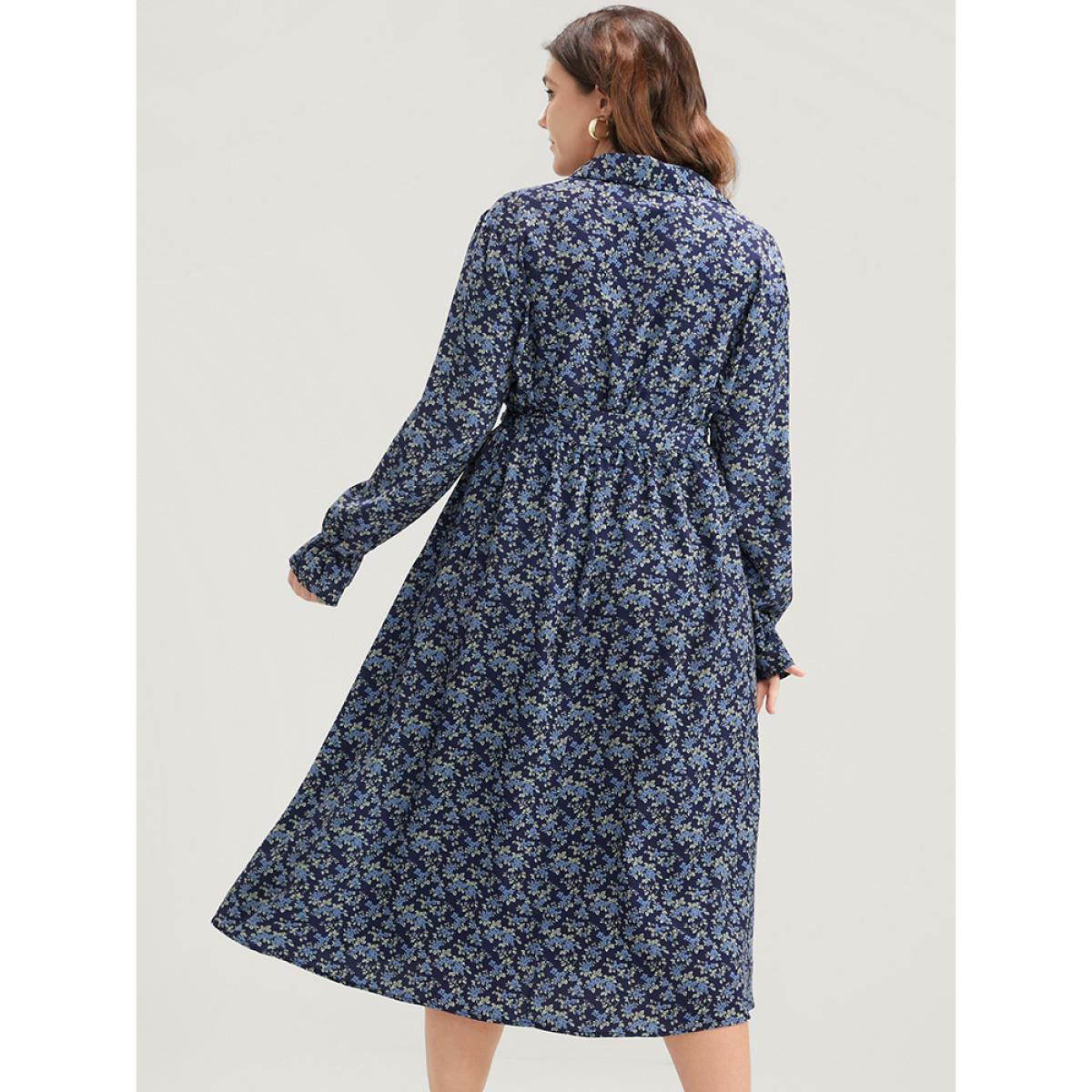 Plus Size Ditsy Floral Pocket Belted Shirt Collar Dress Indigo Women Elegant Elastic Waist Shirt collar Long Sleeve Curvy Midi Dress BloomChic 30/6X Product Image