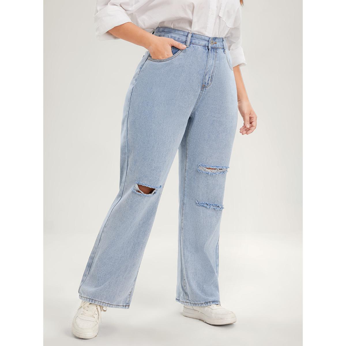 Plus Size Boyfriend Wide Leg Non Stretchy High Rise Light Wash Distressed Jeans Women LightBlue Casual Plain Distressed No stretch Pocket Jeans BloomChic 16/1X Product Image
