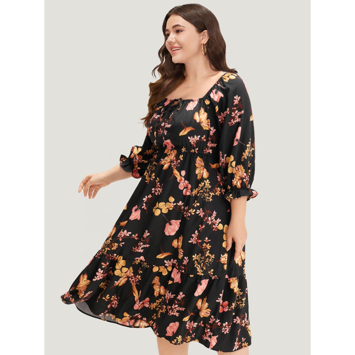 Plus Size Floral Print Bowknot Flutter Trim Tiered Dress Black Women Elegant Gathered Square Neck Elbow-length sleeve Curvy Midi Dress BloomChic 26/4X Product Image