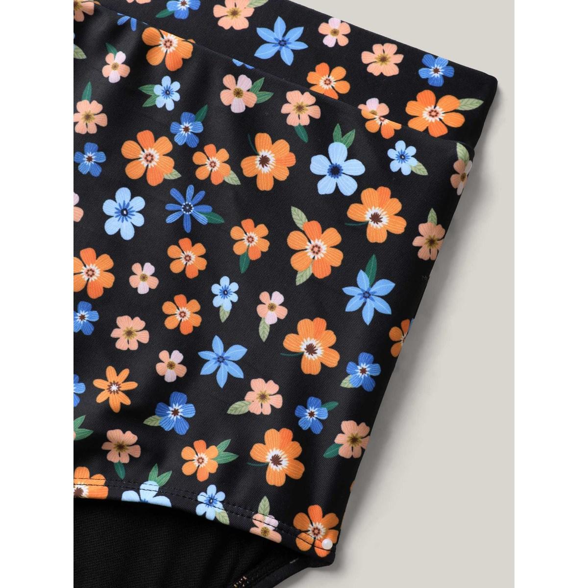 Plus Size Colorful Floral Print Adjustable Swim Dress Women's Swimwear Black Beach Bodycon U-neck High stretch Curve Swim Dresses BloomChic 18-20/2X Product Image