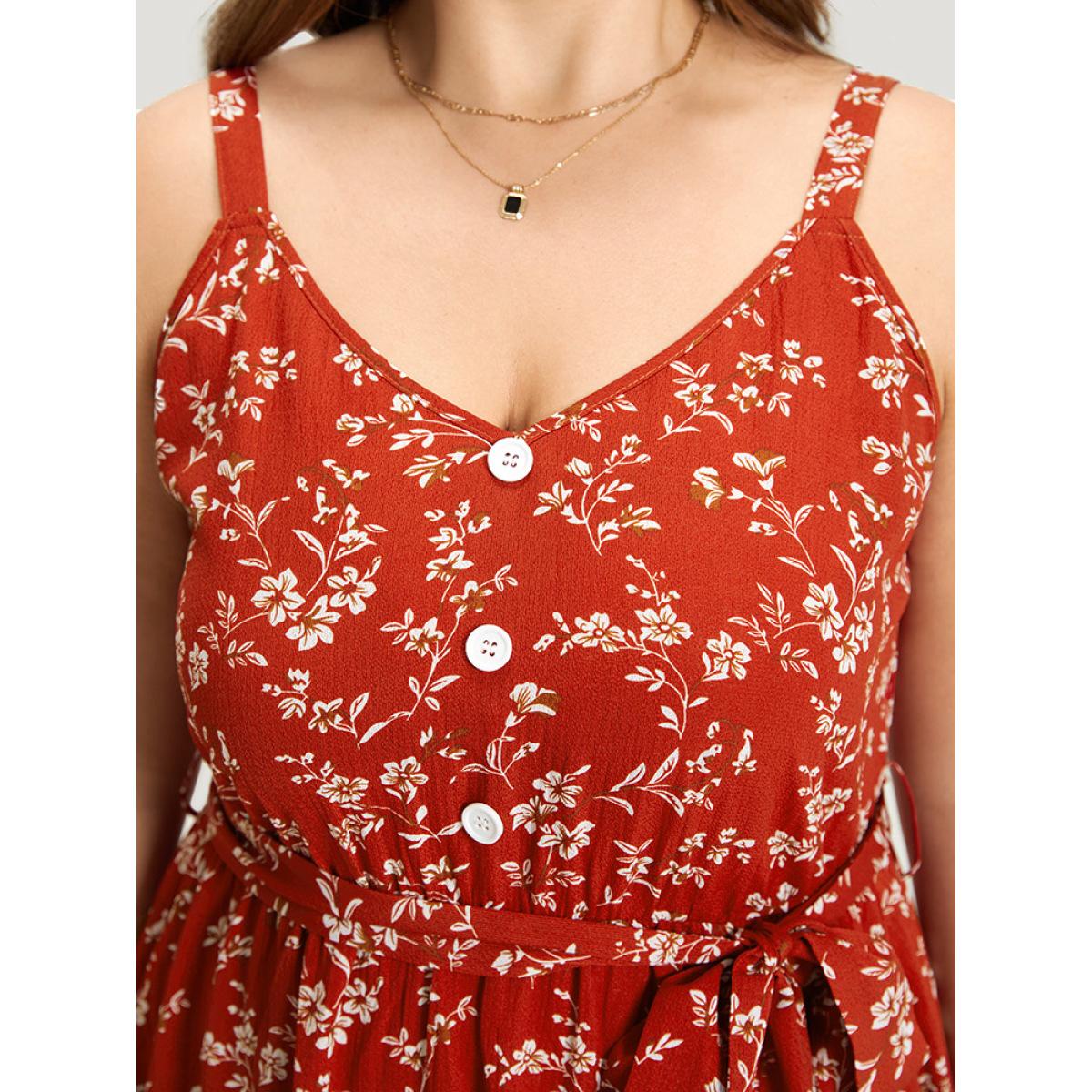 Plus Size Ditsy Floral Button Detail Belted Split Hem Cami Dress Red Women Elegant Belted Spaghetti Strap Sleeveless Curvy Midi Dress BloomChic 26/4X Product Image