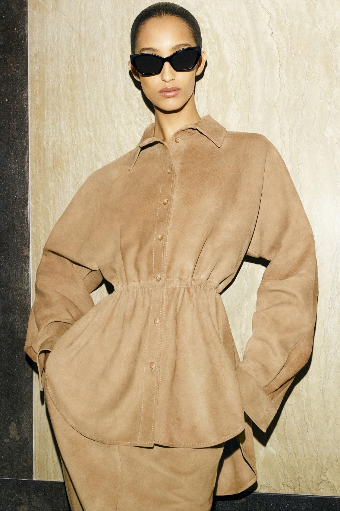 PANELED SUEDE DRAWSTRING MIDI SKIRT Product Image