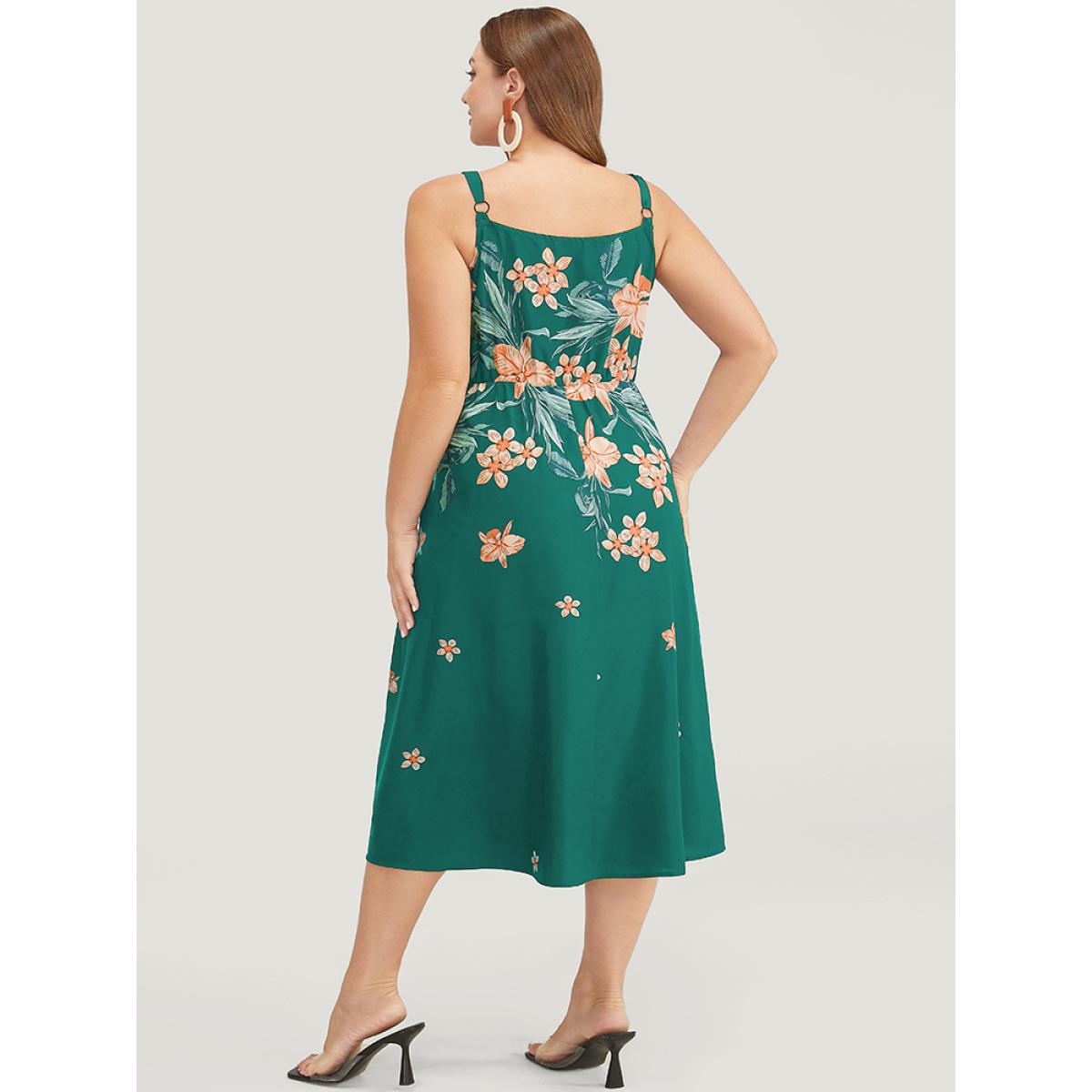 Plus Size Floral Pocket Adjustable Straps Ruffle Hem Cami Dress Green Women Elegant Adjustable Straps Spaghetti Strap Sleeveless Curvy Midi Dress BloomChic 14-16/1X Product Image