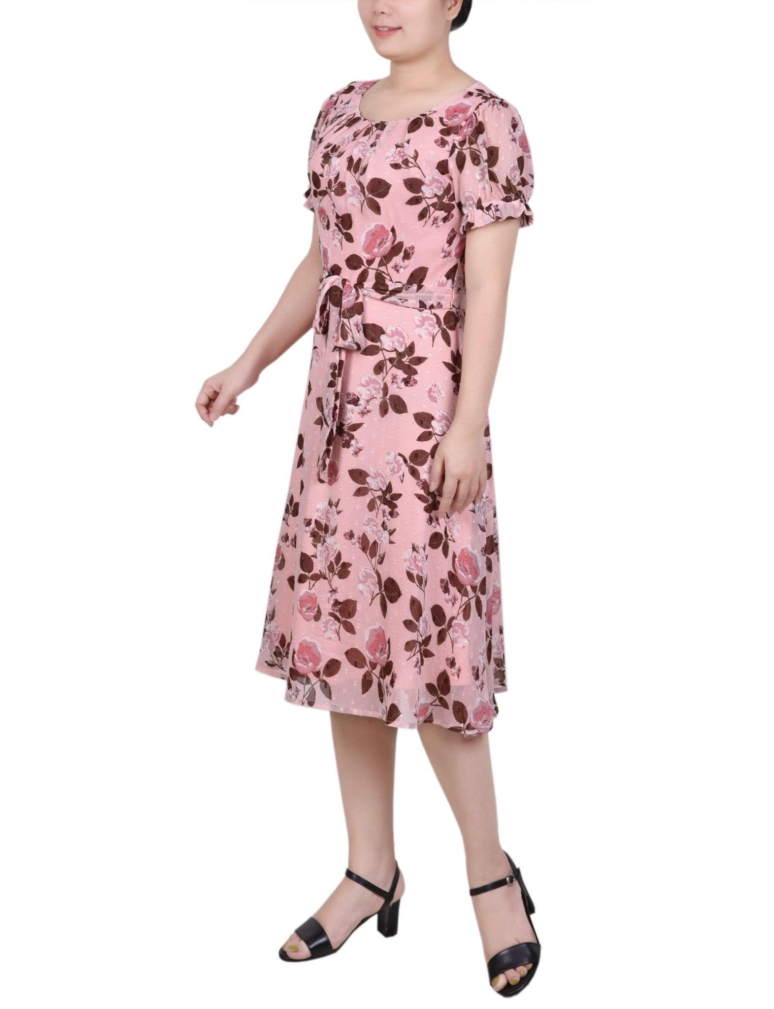 Mauve Floral Short Sleeve Belted Swiss Dot Dress - Petite Product Image