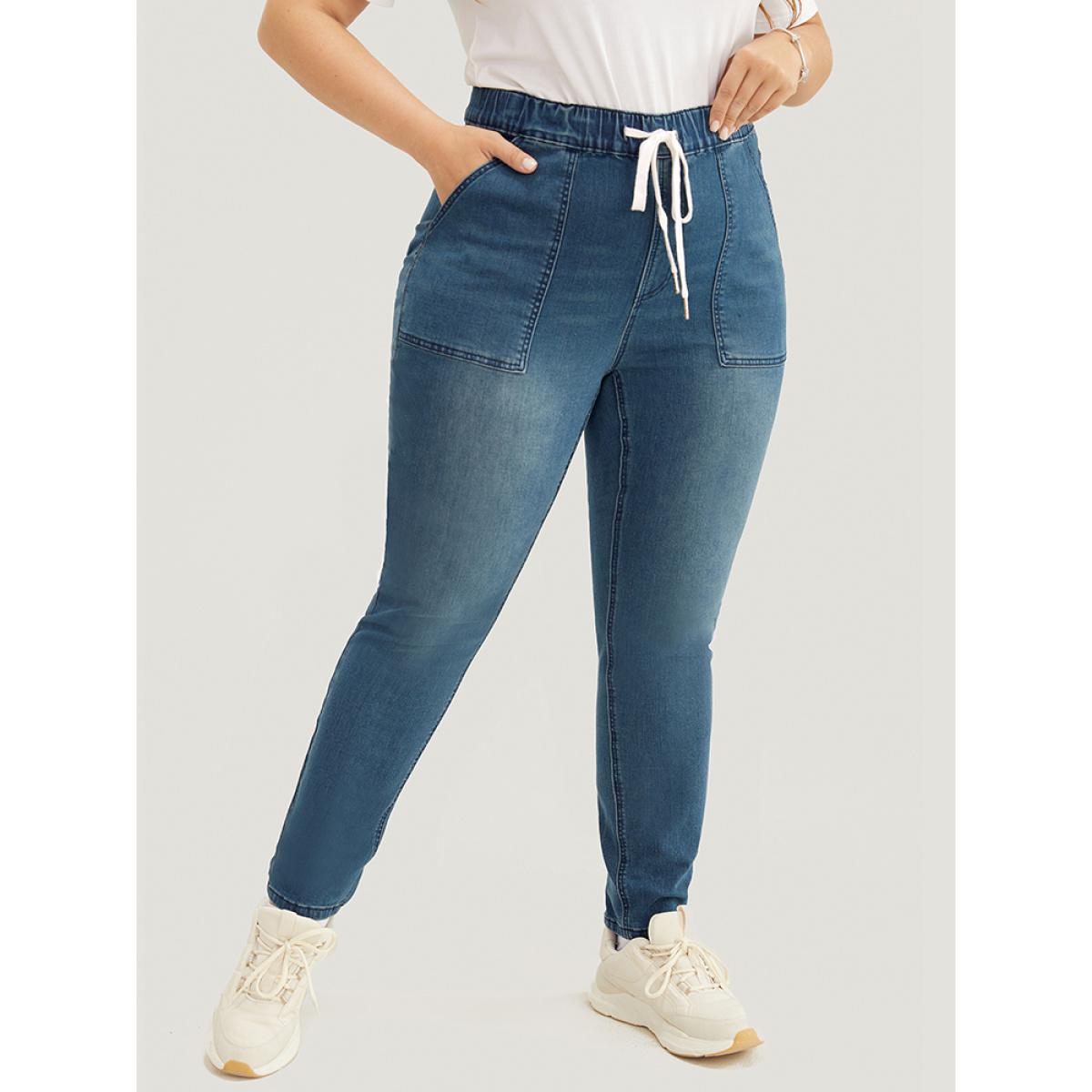 Plus Size Slightly Stretchy High Rise Dark Wash Drawstring Jeans Women DarkBlue Casual Plain Pocket Low stretch Pocket Jeans BloomChic 20/2X Product Image