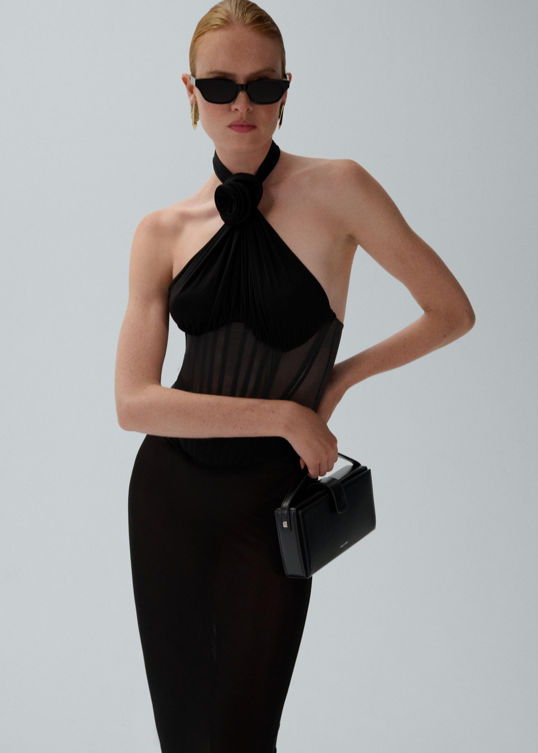 Sheer halter bustier midi dress in black Product Image