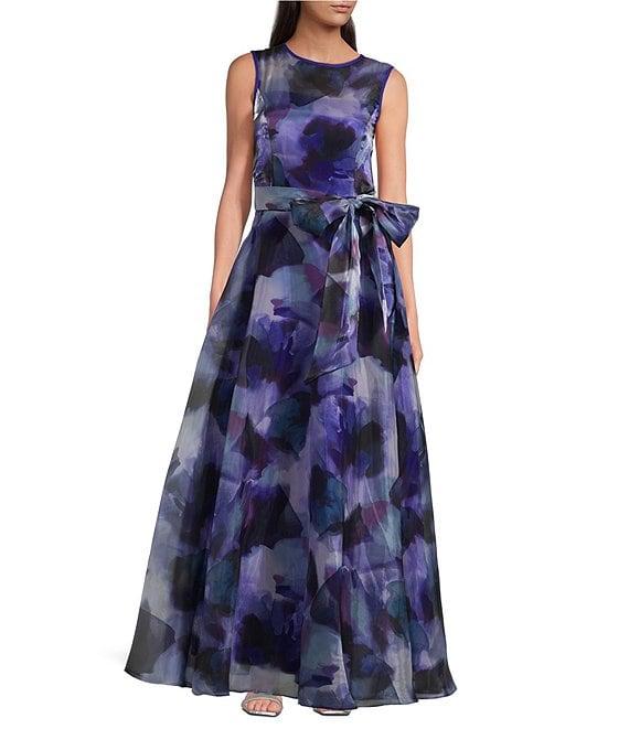 Eliza J Organza Floral Print Crew Neck Sleeveless Front Bow Gown Product Image