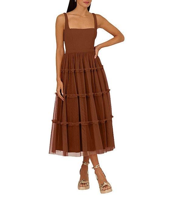 Adrianna by Adrianna Papell Knit Mesh Square Neck Sleeveless Tiered Ruffle Midi Dress Product Image