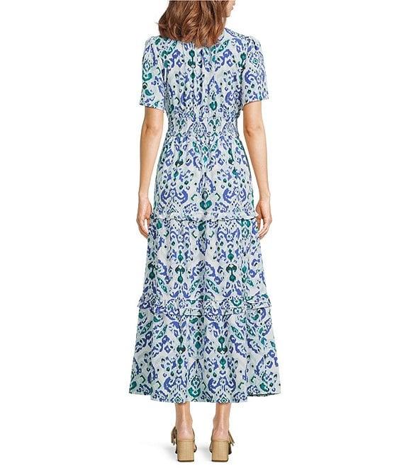 Calessa Modern Ikat Print Split V-Neck Short Sleeve Tiered Maxi Dress Product Image