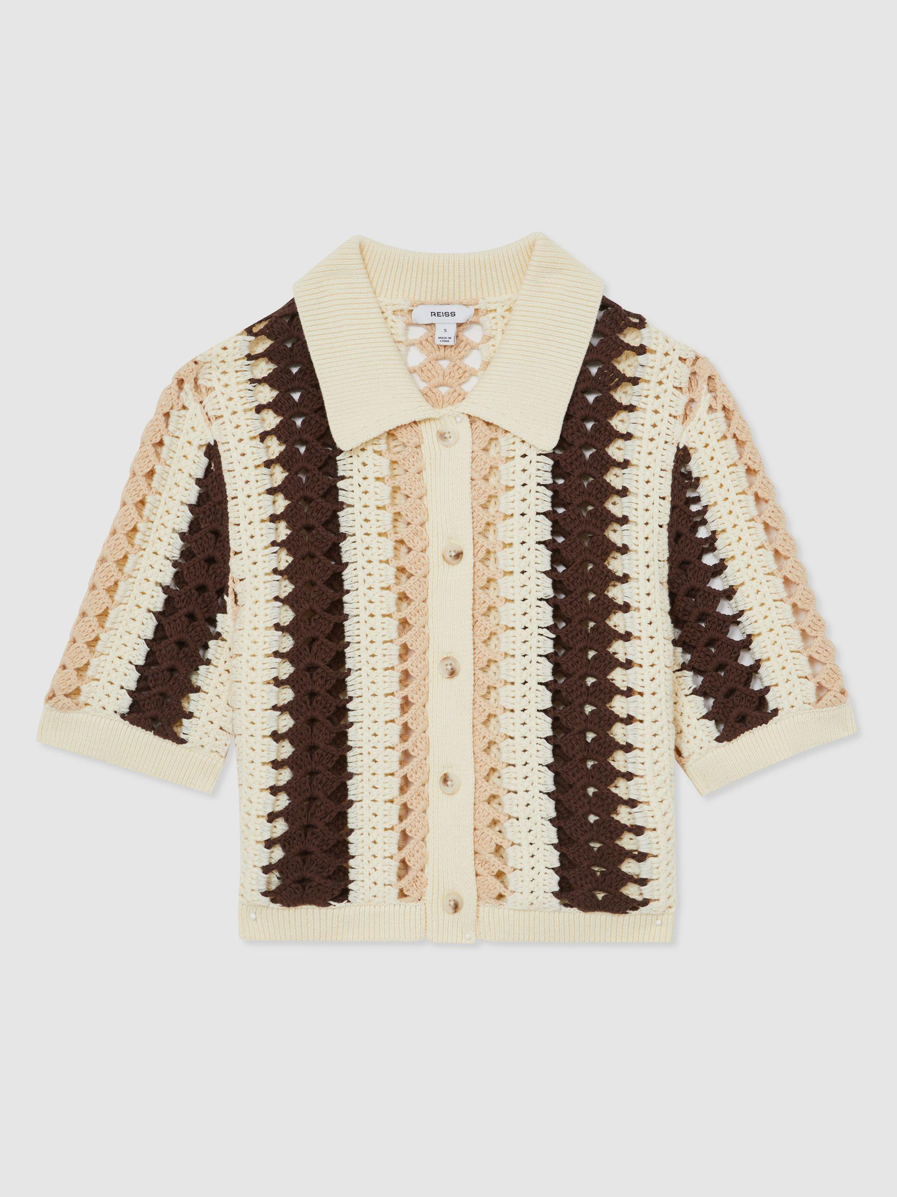 Cotton Crochet Striped Shirt in Cream/Brown Product Image