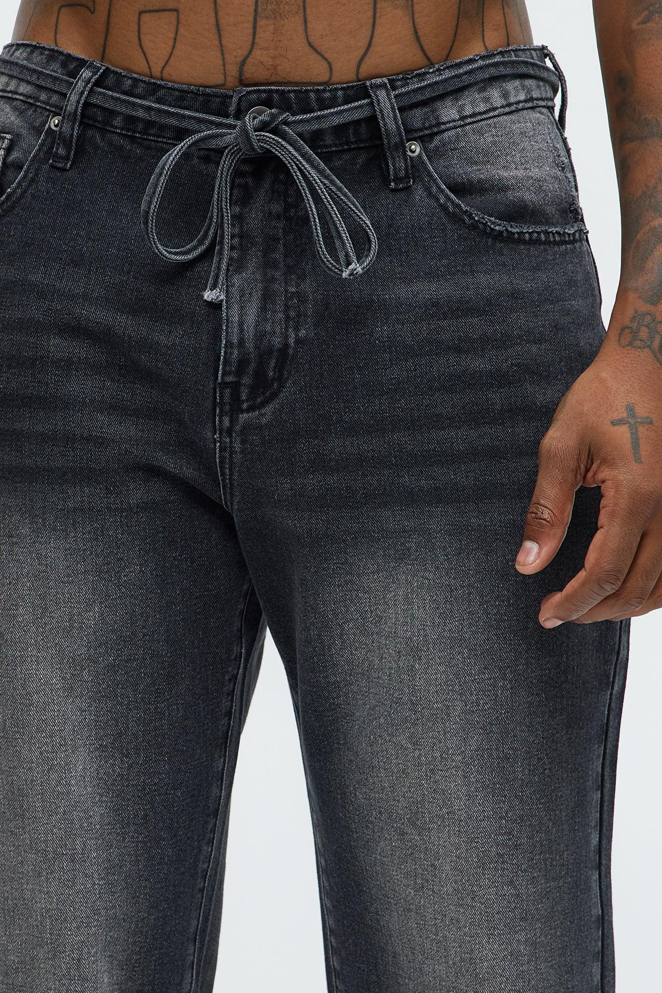 Drawstring Belt Straight Jeans - Black Wash Product Image