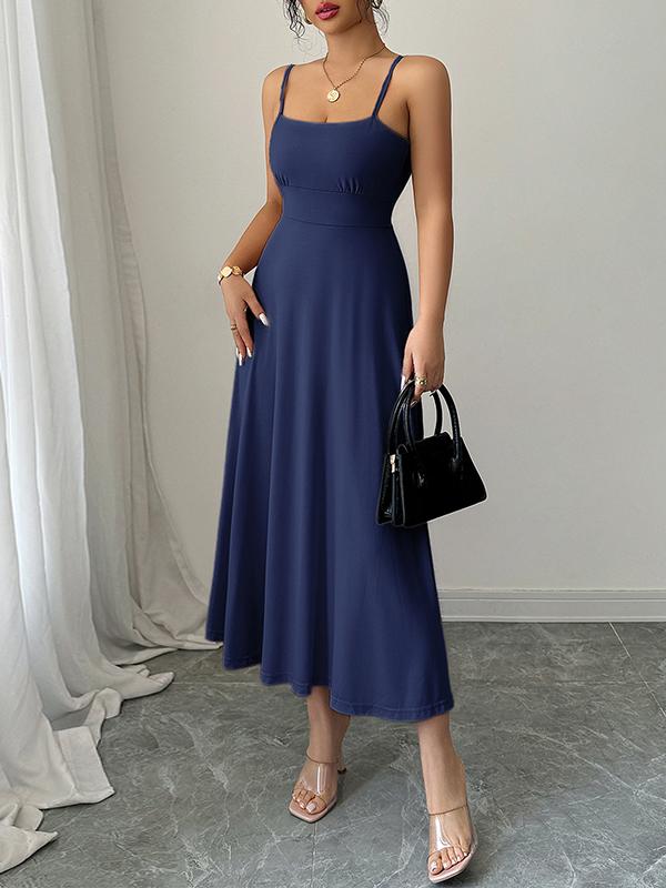 A-Line High Waisted Backless Pleated Solid Color Spaghetti-Neck Midi Dresses Product Image
