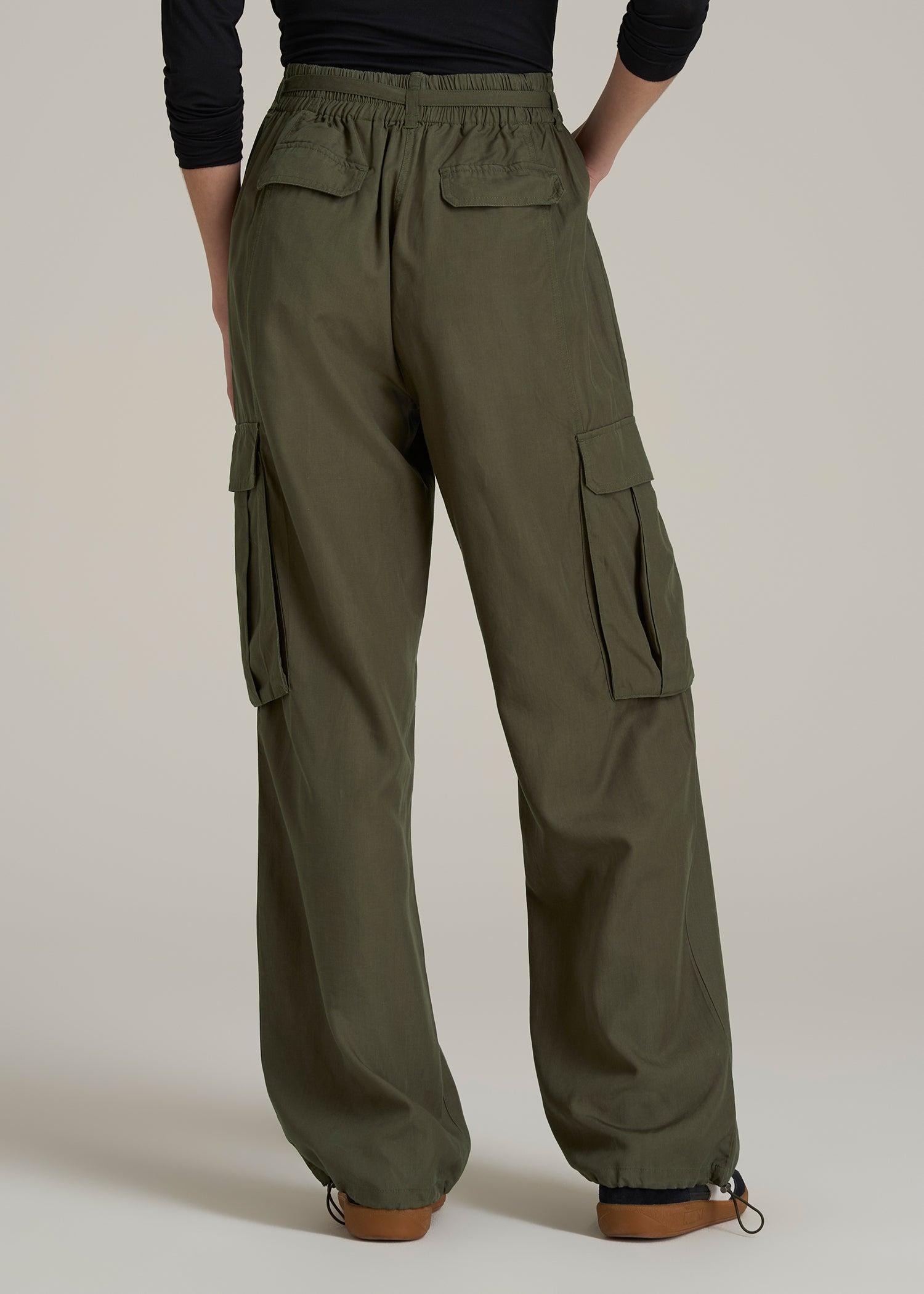 High Rise Cargo Parachute Pants for Tall Women in Forest Night Female Product Image