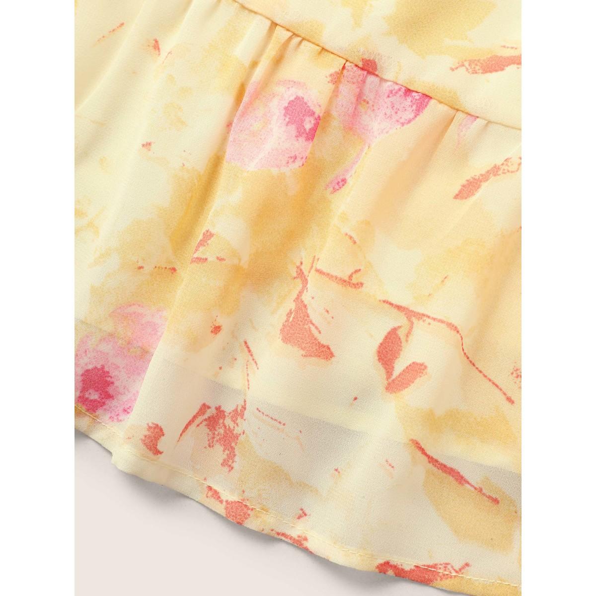 Plus Size Lightyellow Floral Flutter Sleeve Lace Up Blouse Women Elegant Half Sleeve V-neck Everyday Blouses BloomChic 12/L Product Image