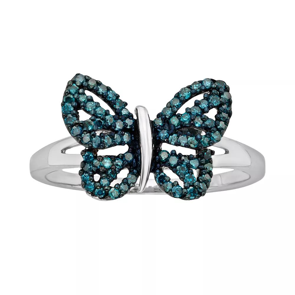 Jewelexcess Sterling Silver Two-Tone 1/4-ct. T.W. Blue Diamond Butterfly Ring, Women's, Size: 8 Product Image