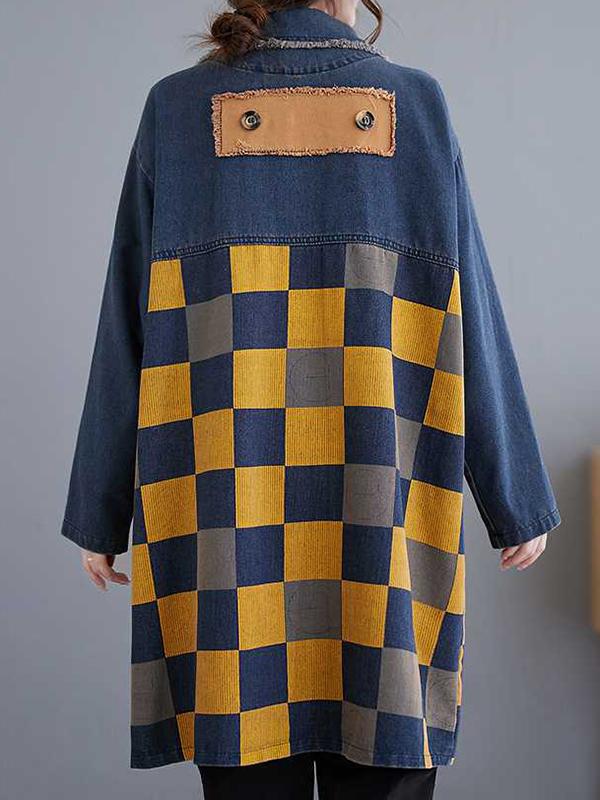 Long Sleeves Loose Buttoned Fringed Plaid Pockets Split-Joint Notched Collar Denim Outerwear Product Image