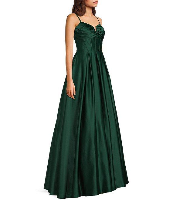 Blondie Nites Satin V-Notch Front Spaghetti Strap Tie Back Gown Product Image