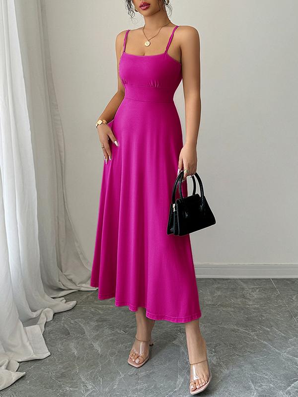 A-Line High Waisted Backless Pleated Solid Color Spaghetti-Neck Midi Dresses Product Image