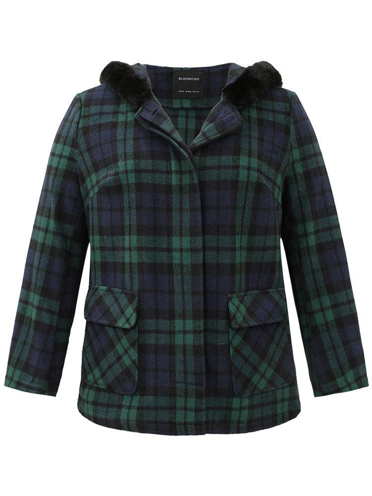 Plaid Button Fly Hooded Fuzzy Trim Coat Female Product Image