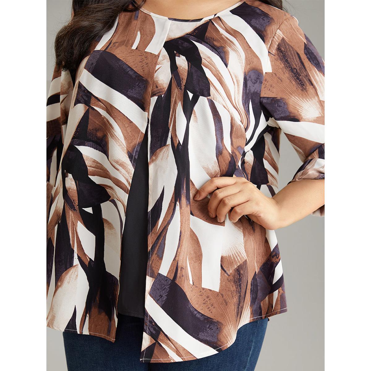 Plus Size DarkBrown Geometric Print 2-In-1 Split Round Neck Blouse Women Vacation Long Sleeve Round Neck Vacation Blouses BloomChic 14-16/1X Product Image