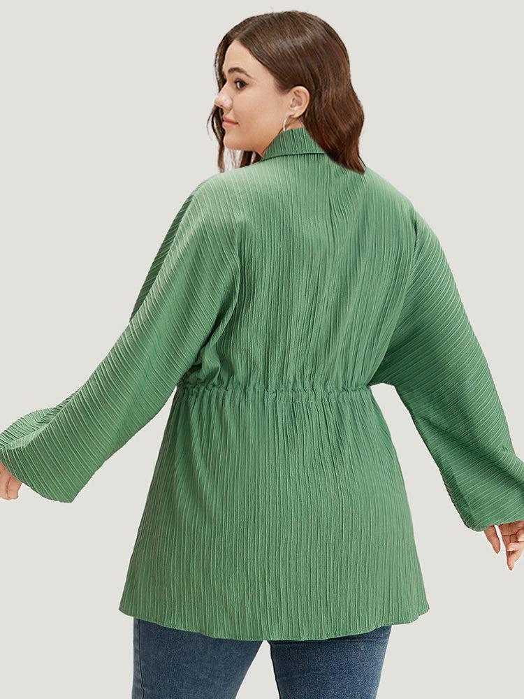 Plain Shirt Collar Drawstring Button Through Lantern Sleeve Coat Female Product Image