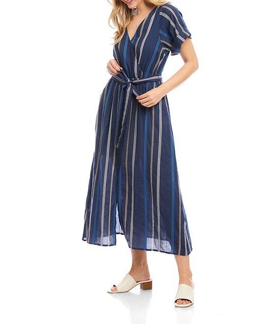 Karen Kane Cotton Embroidered Cuffed Sleeve Faux Wrap Midi Dress Product Image