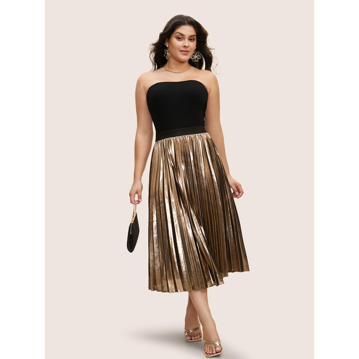 Plus Size Glitter Metallic Luster Knitted Pleated Skirt Women Champagne Cocktail Pleated No stretch Party Skirts BloomChic 12/L Product Image