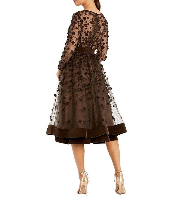 Mac Duggal Illusion Round Neck Long Sleeve Velvet Trim Floral Fit & Flare Midi Dress Product Image