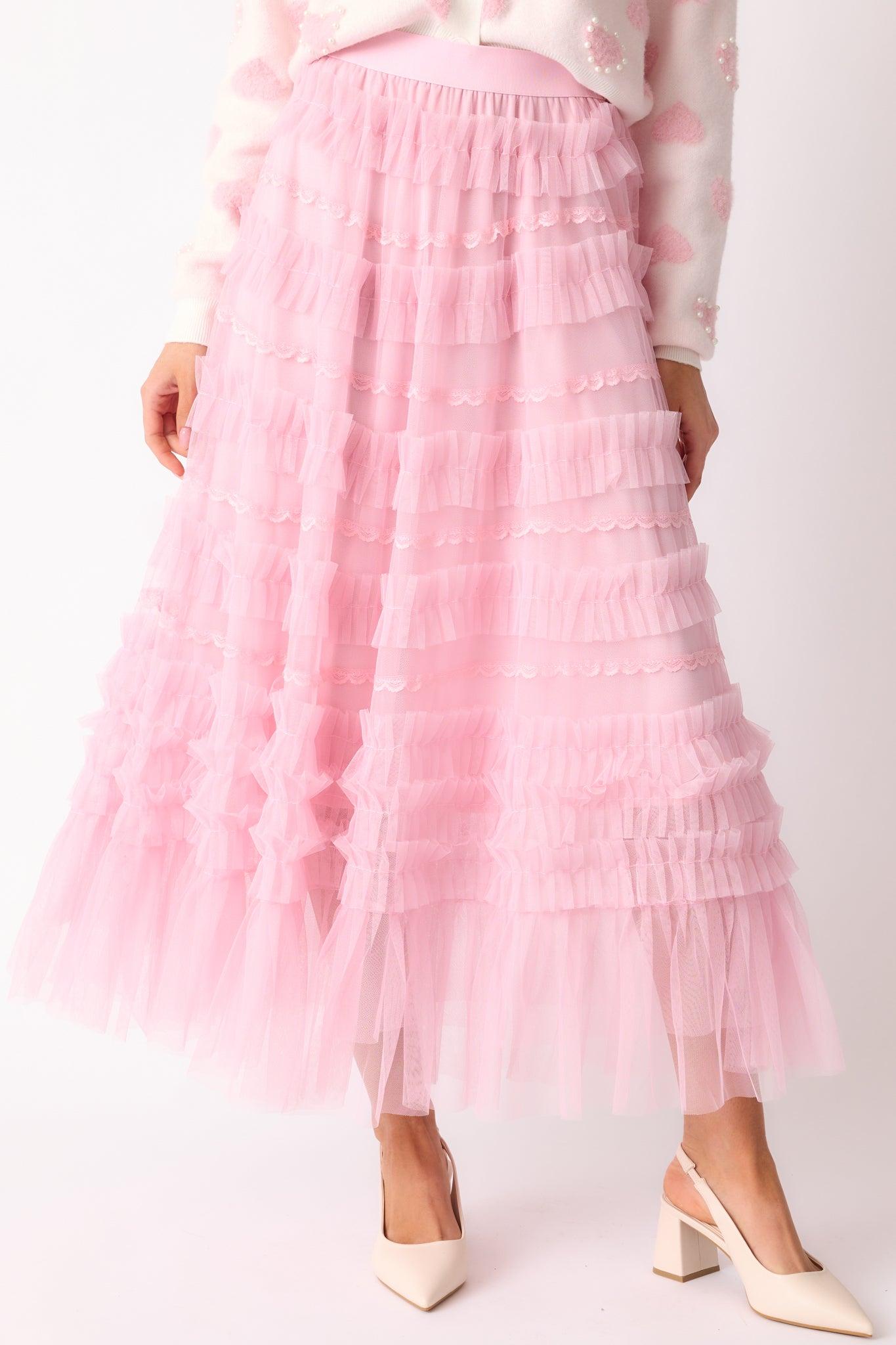 Walk In The Garden Light Pink Ruffle Tulle Midi Skirt Product Image