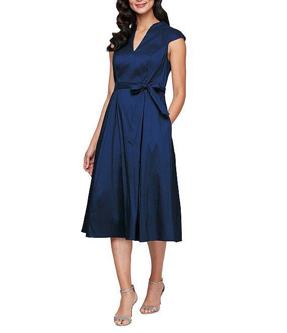 Alex Evenings Stretch Taffeta V Neck Cap Sleeve Tie Sash A-Line Midi Dress Product Image