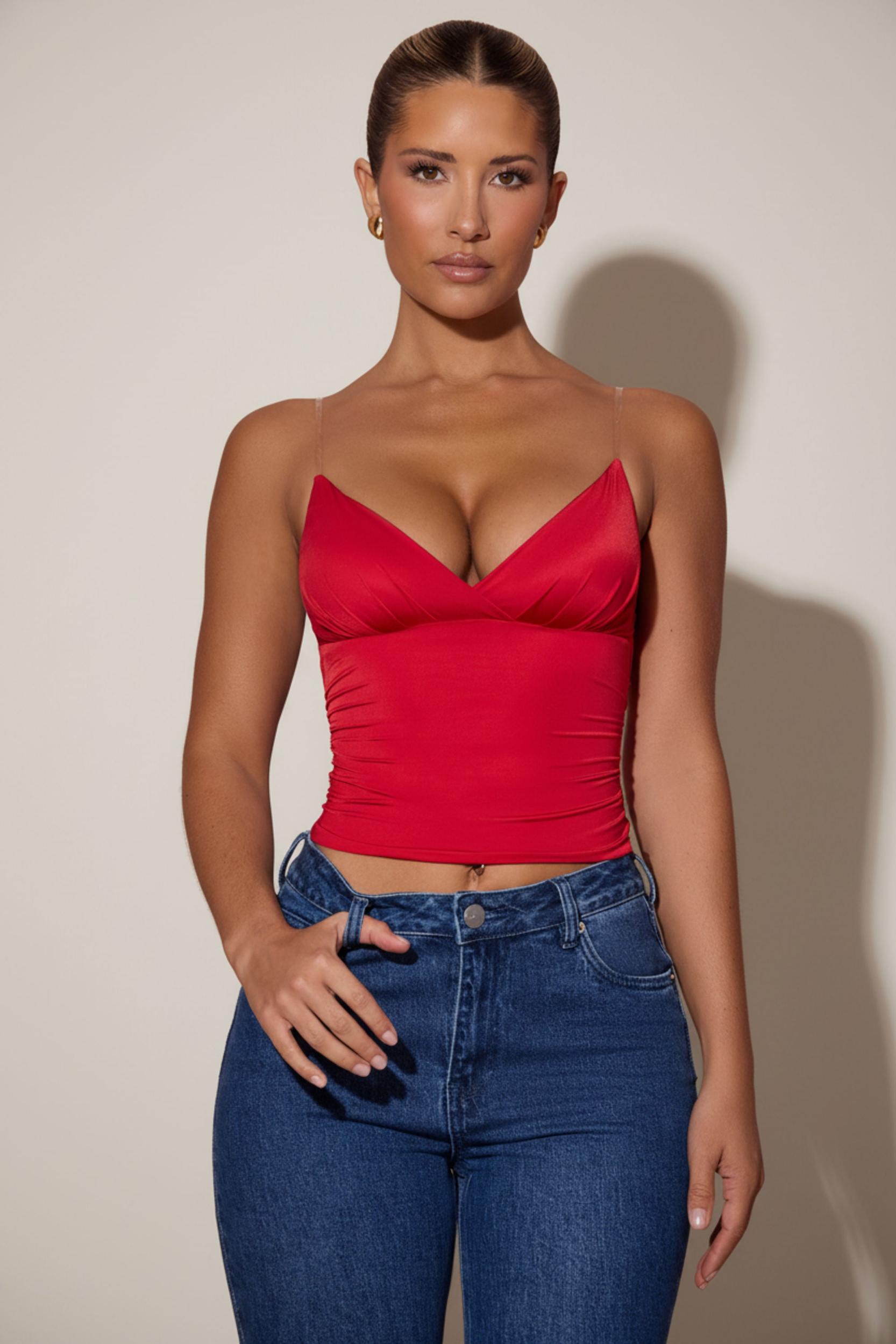 Ruched Plunge-Neck Camisole Top in Red Product Image