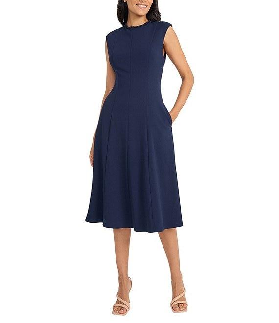 Maggy London Crew Neck Sleeveless Scuba Crepe Flared Midi Dress Product Image