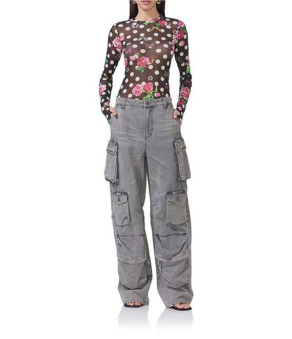 AFRM Kaylee Mesh Dotted Floral Printed Crew Neck Long Sleeve Top Product Image