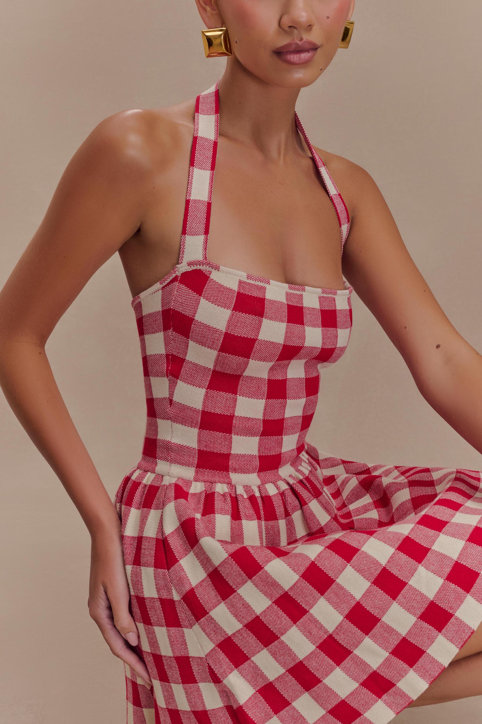 Lindsay Halter Knit Mini Dress - Red Gingham Product Image
