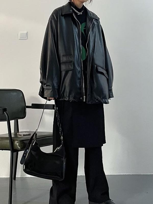 Oversized Black Faux Leather Jacket Product Image