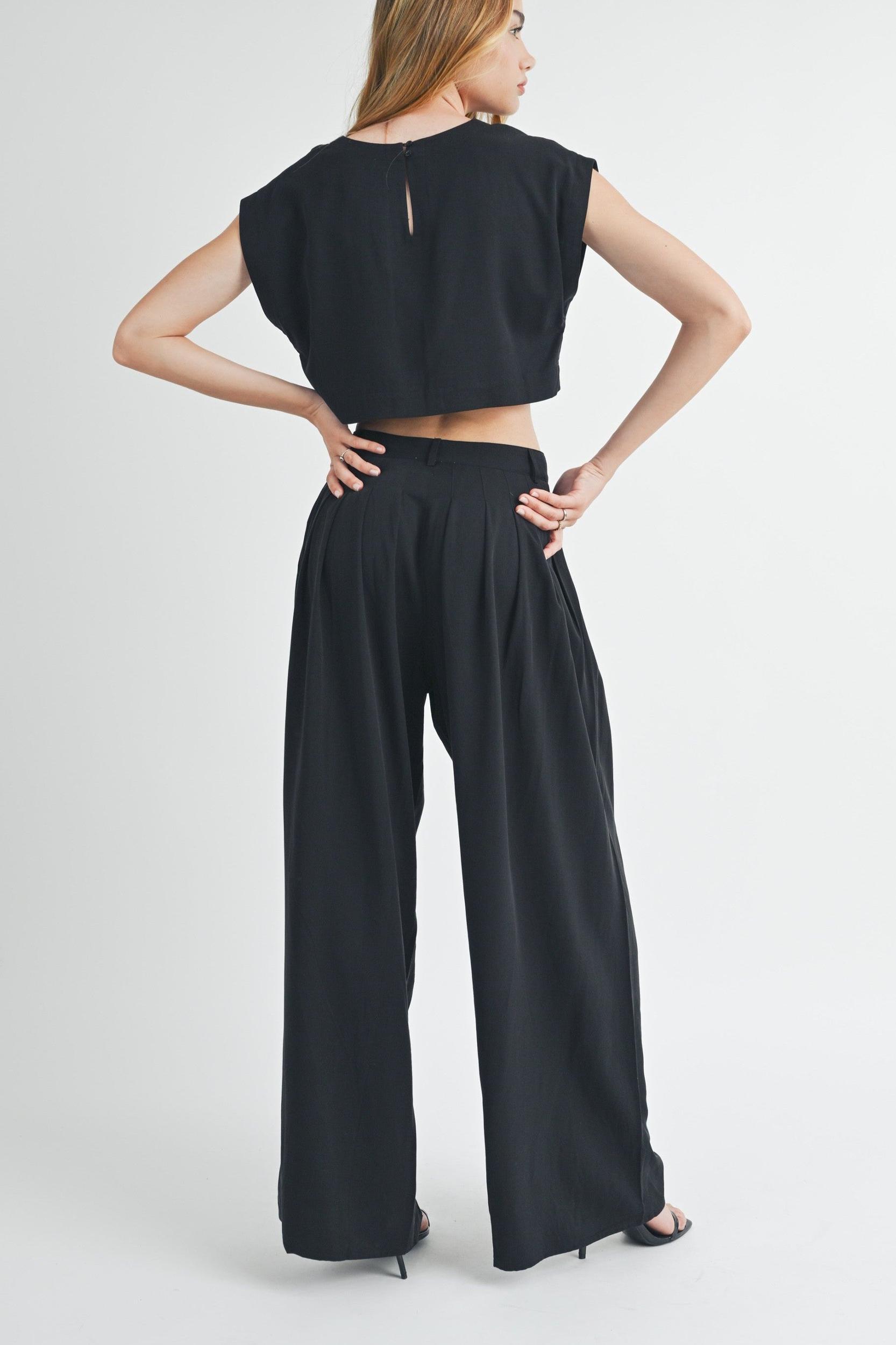Simple Crop Top & Pleated Wide Leg Pants Product Image