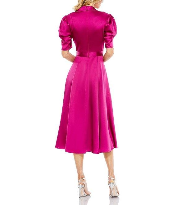 Mac Duggal Satin Surplice V-Neck Short Puffed Sleeve A-Line Midi Dress Product Image