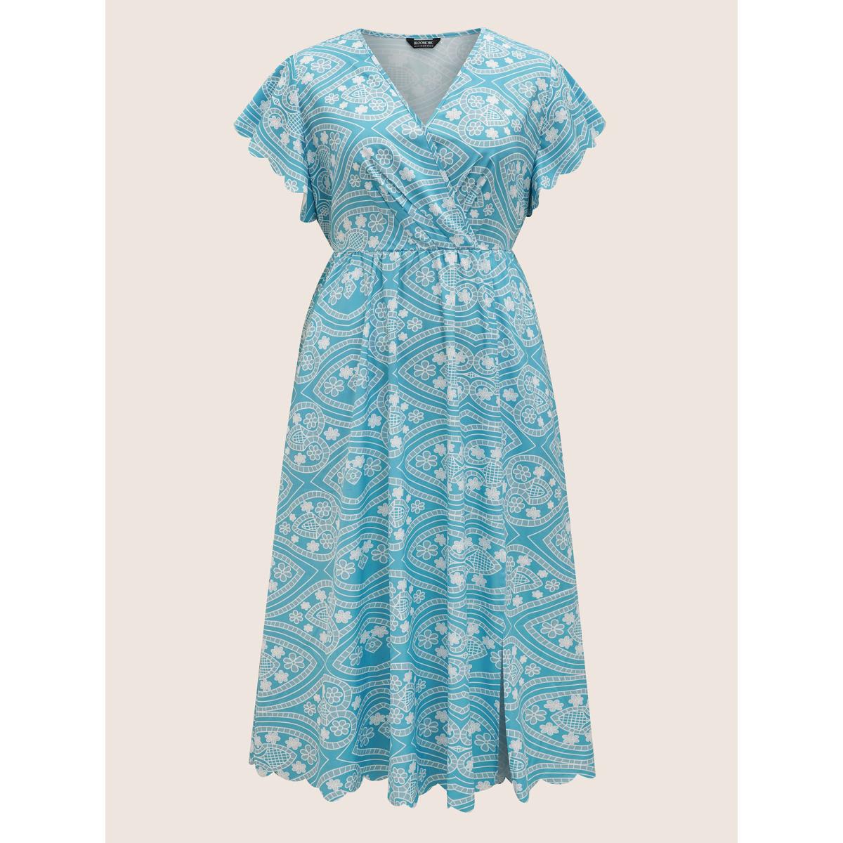Plus Size Boho Print Scalloped Trim Split Front Dress Teal Women Resort Ruffles V-neck Cap Sleeve Curvy BloomChic 14-16/1X Product Image