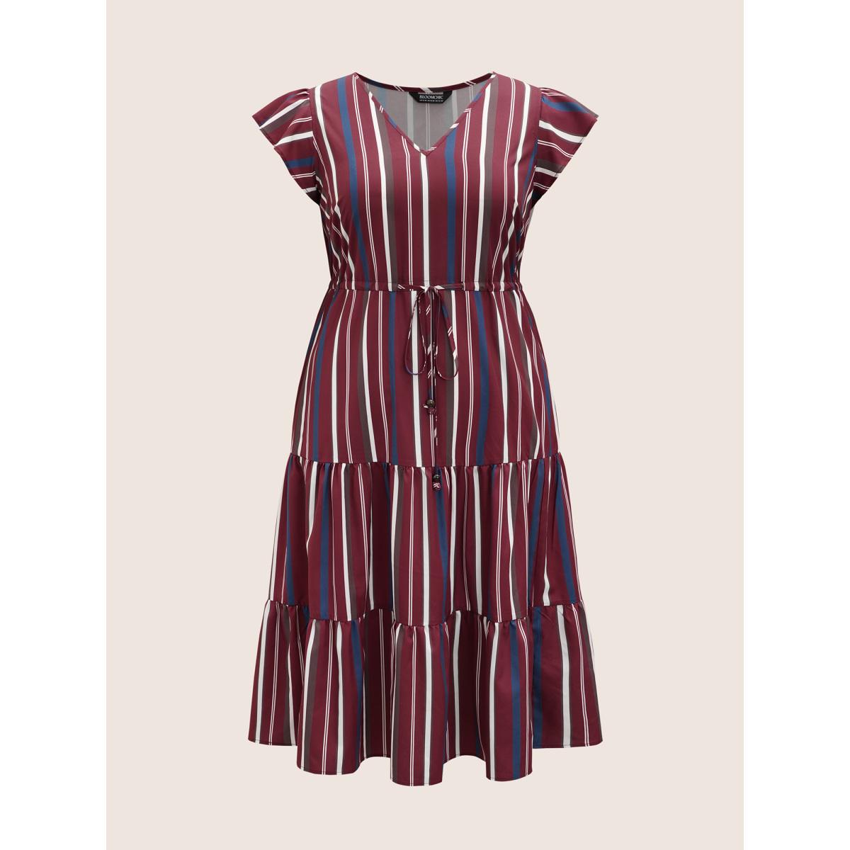 Plus Size Striped Drawstring Ruffle Cap Sleeve Midi Dress Burgundy Women Casual Drawstring V-neck Cap Sleeve Curvy BloomChic 12/L Product Image
