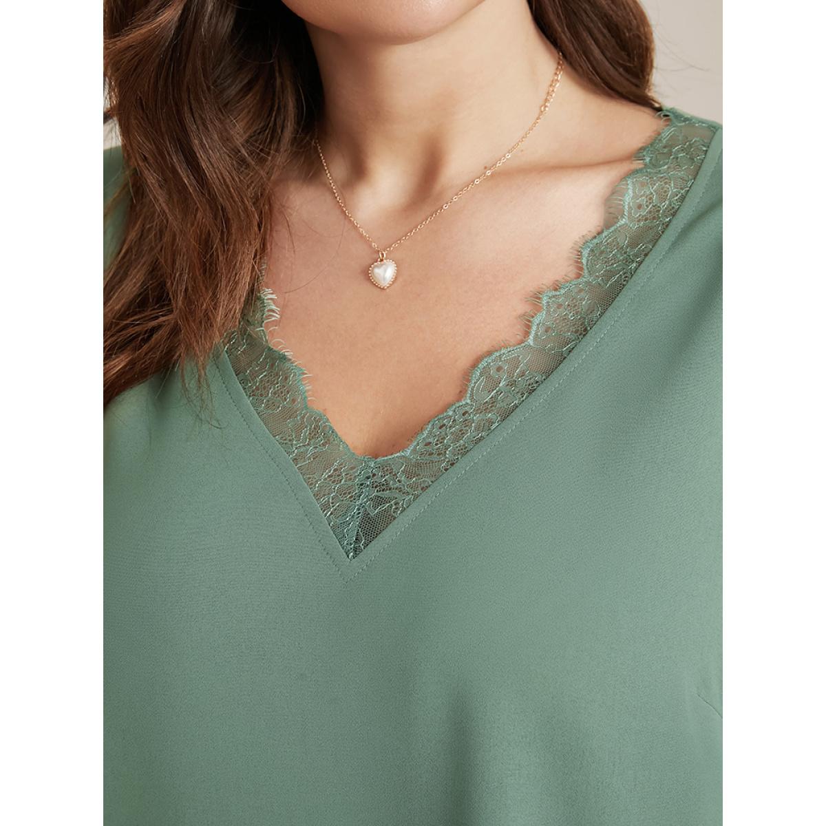Plus Size Emerald Solid Lantern Sleeve Lace Trim V Neck Blouse Women Elegant Elbow-length sleeve V-neck Dailywear Blouses BloomChic 12/L Product Image