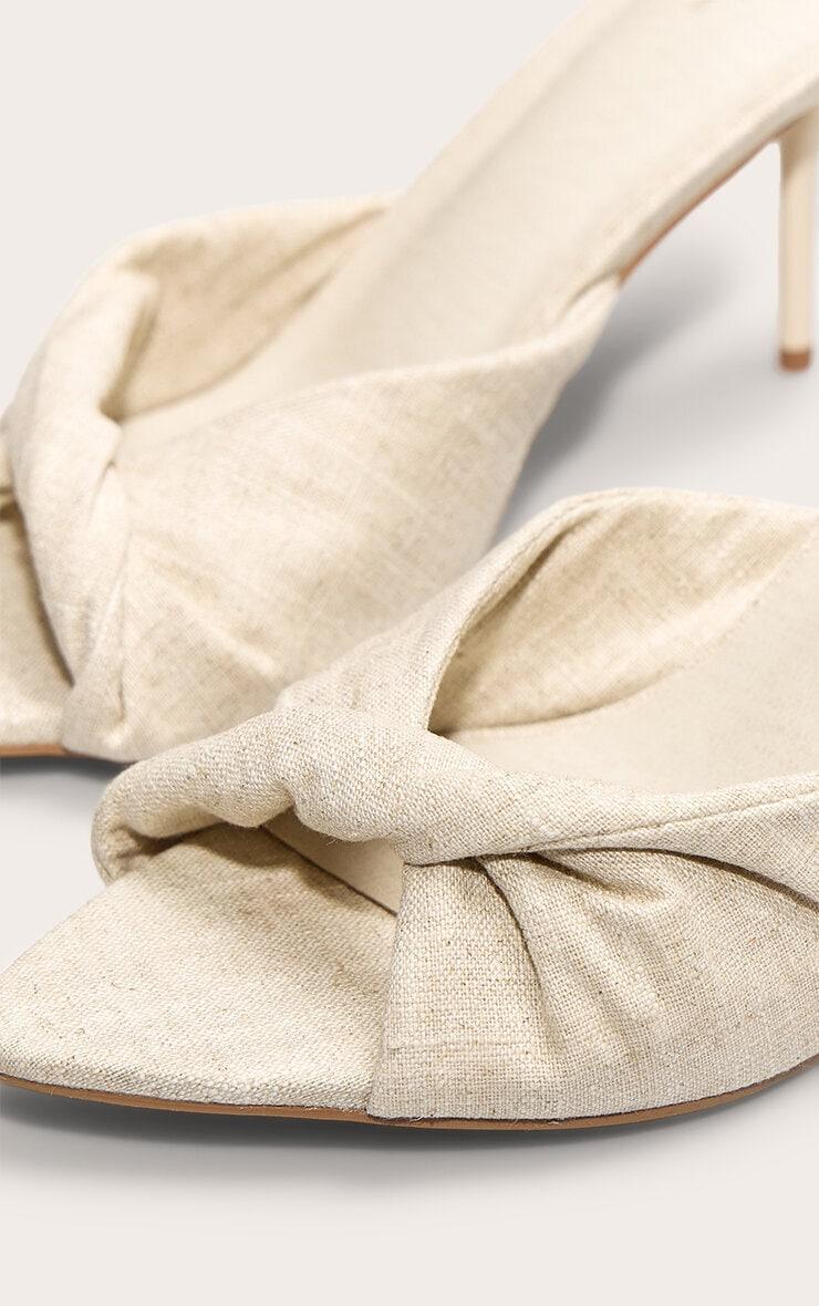 Natural Linen Point Toe Twist Strap High Heeled Mules Product Image